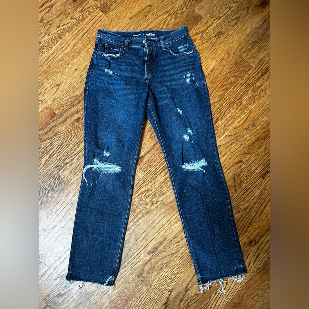 Old Navy Blue High Rise Slouchy Straight Leg Jeans with Distressed Details